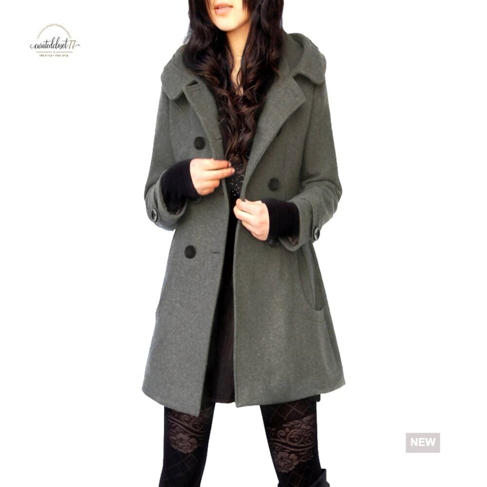 Wool Pea Coat with Hood, Double Breasted Trench, Winter Warm Coat